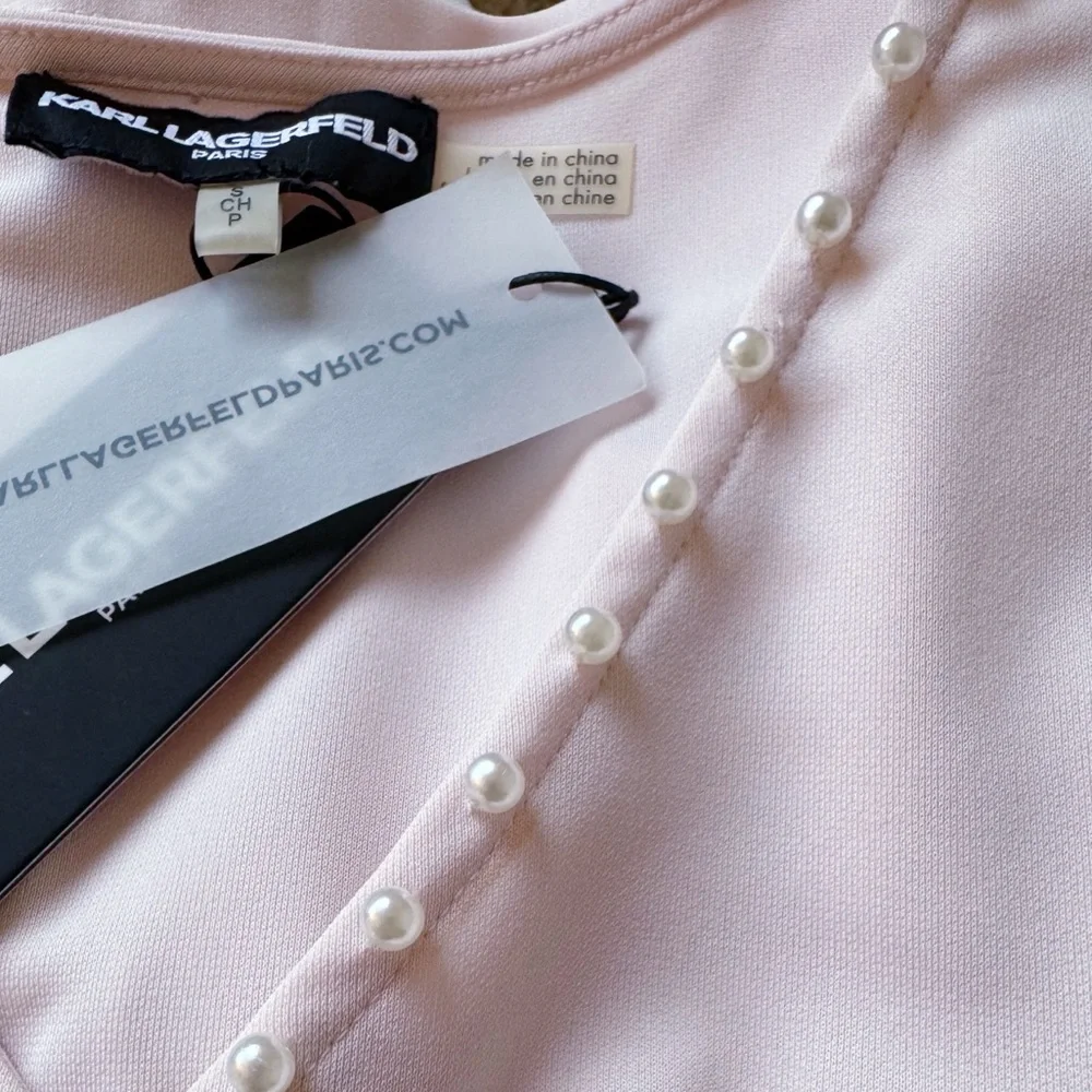 Karl Lagerfeld V Neck Blush Pink Blouse with Pearls